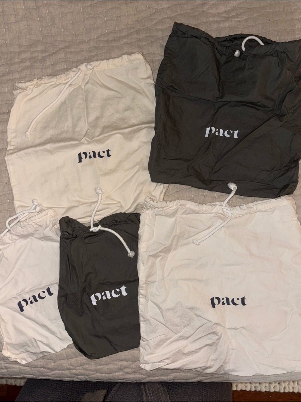 Pact Drawstring Laundry/Storage Bags - set of 5 - 3 large. 2 small.